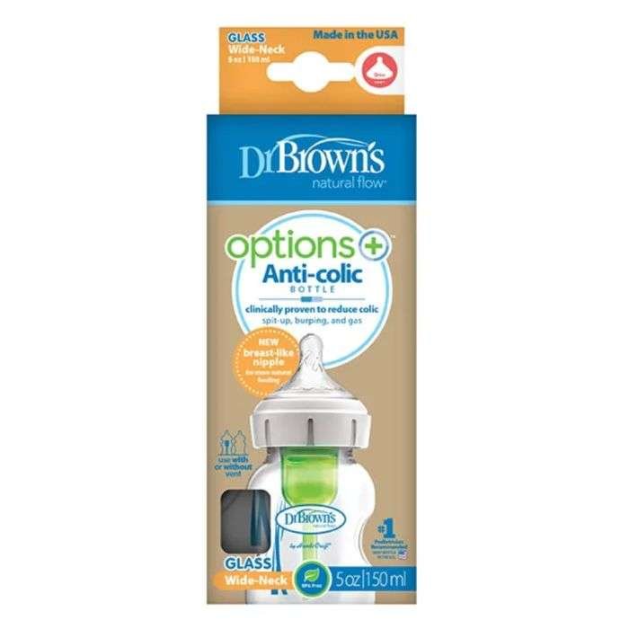 dr-browns-dr-browns-biberon-en-verre-options-anti-colic-col-large-150-ml-0-m-biberons-et-goupillons.jpg DR BROWNS BIBERON EN VERRE OPTIONS + ANTI COLIC COL LARGE 150 ML 0 M+ – Image 1